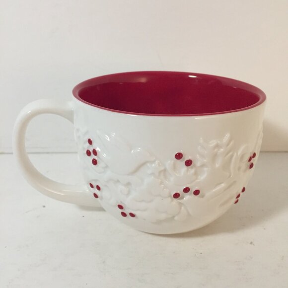 Starbucks Christmas Coffee Mug 12oz Raised White Doves Red Holly Berries 2008 - Picture 1 of 5